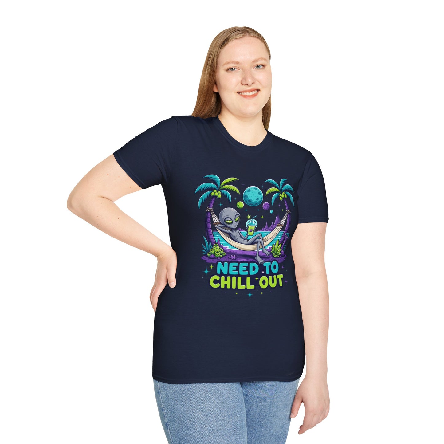 Alien Hammock T-Shirt — "Need to Chill Out" Relaxed Space Vibes