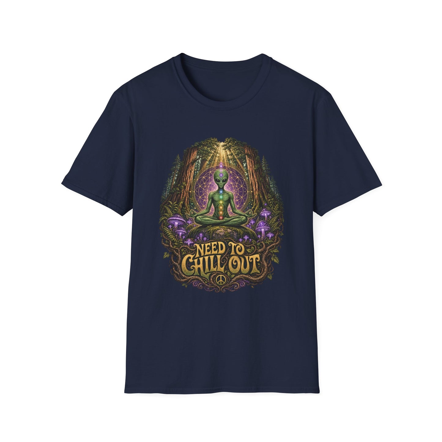 Alien Meditation T‑Shirt — "Need to Chill Out" Psychedelic Forest Graphic