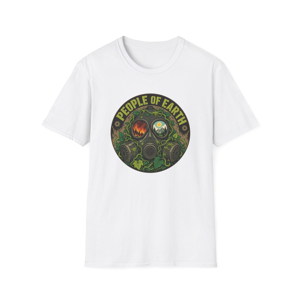 People of Earth Gas Mask Graphic Tee — Eco Horror Sci‑Fi T-Shirt