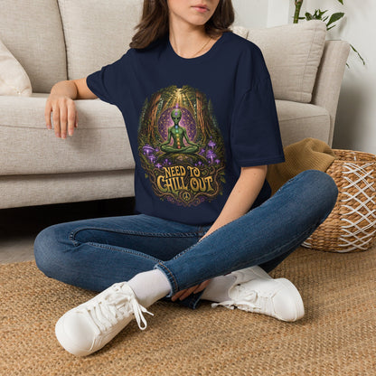 Alien Meditation T‑Shirt — "Need to Chill Out" Psychedelic Forest Graphic