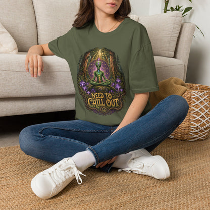 Alien Meditation T‑Shirt — "Need to Chill Out" Psychedelic Forest Graphic
