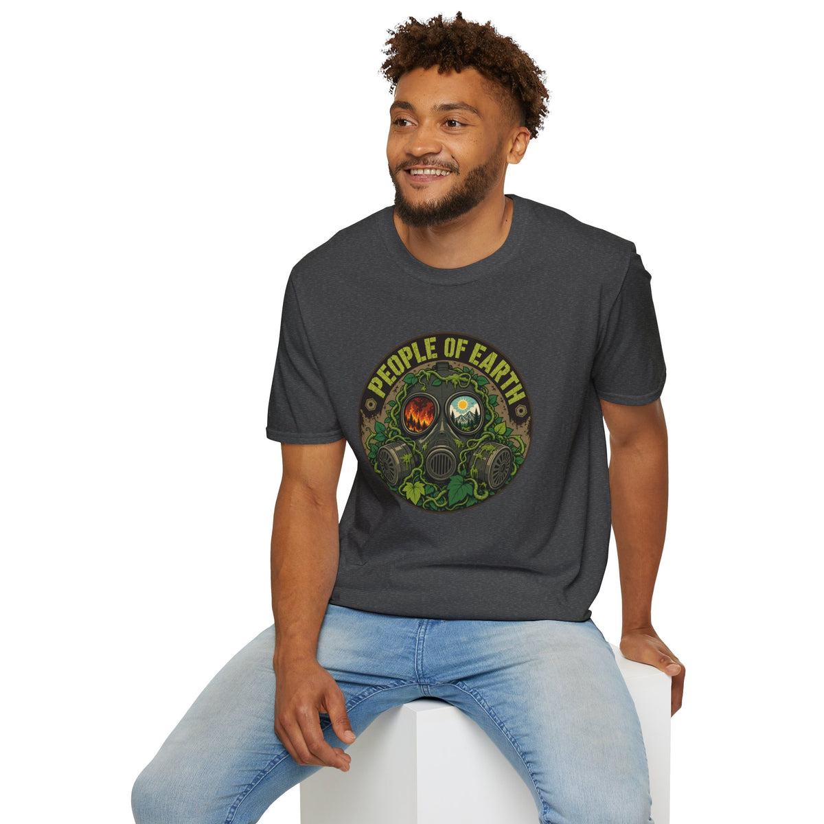 People of Earth Gas Mask Graphic Tee — Eco Horror Sci‑Fi T-Shirt