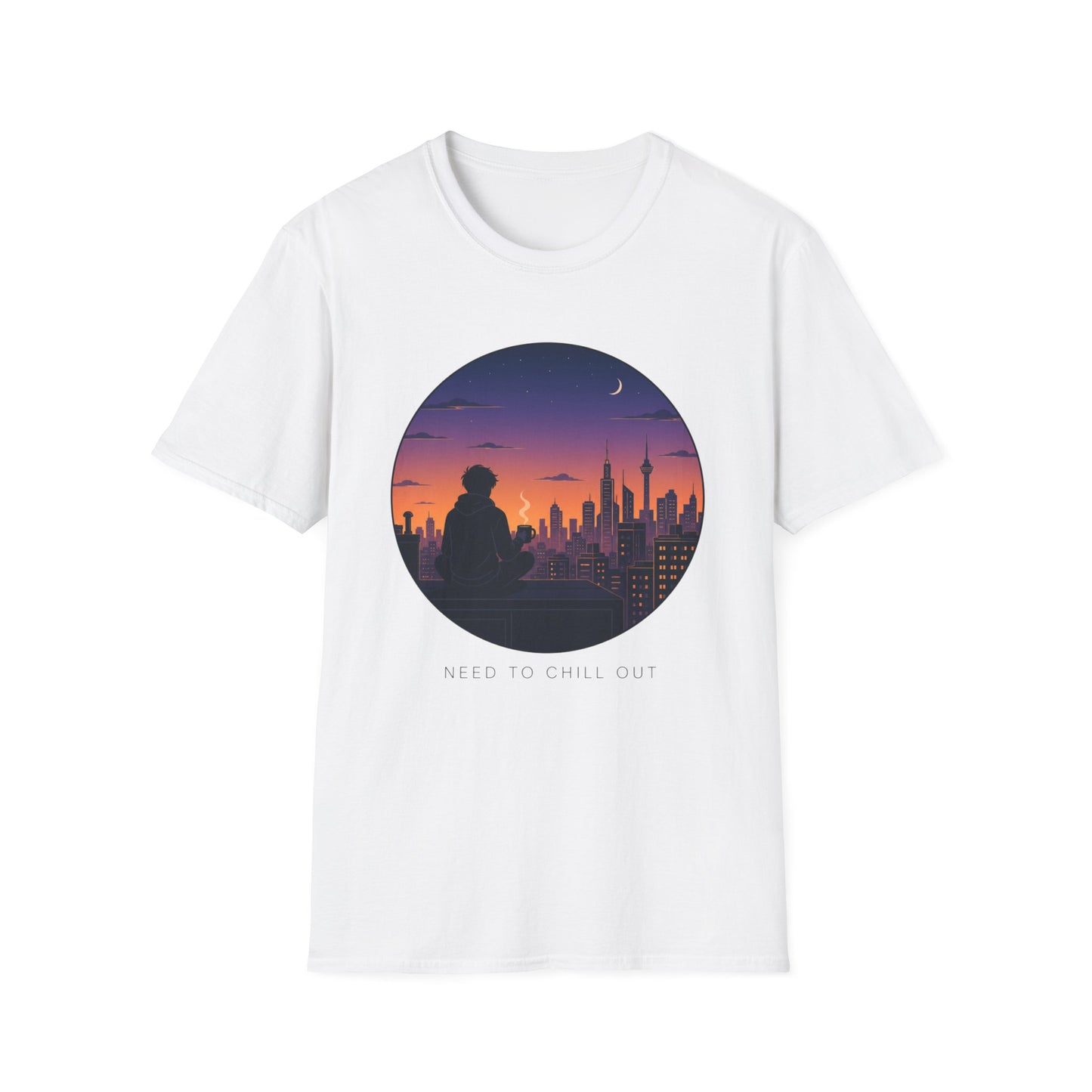 Sunset Cityscape T‑Shirt — Silhouette Skyline Moon Graphic "Need to Chill Out"