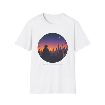 Sunset Cityscape T‑Shirt — Silhouette Skyline Moon Graphic "Need to Chill Out"