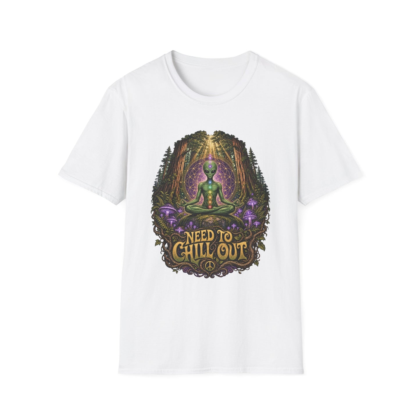 Alien Meditation T‑Shirt — "Need to Chill Out" Psychedelic Forest Graphic