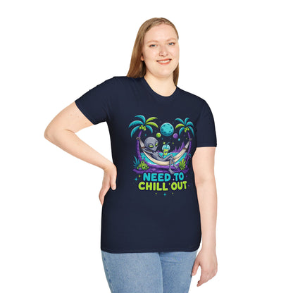 Alien Hammock T-Shirt — "Need to Chill Out" Relaxed Space Vibes