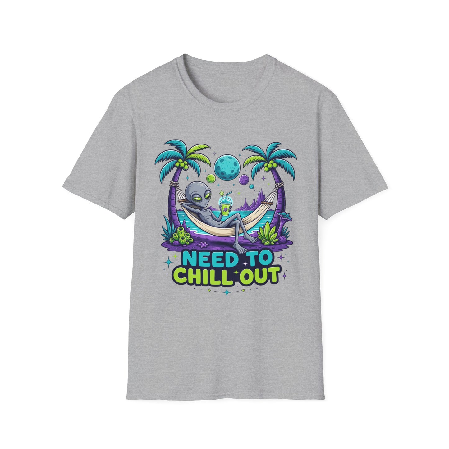 Alien Hammock T-Shirt — "Need to Chill Out" Relaxed Space Vibes