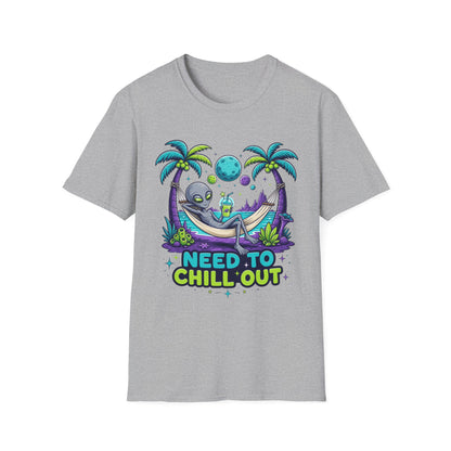 Alien Hammock T-Shirt — "Need to Chill Out" Relaxed Space Vibes