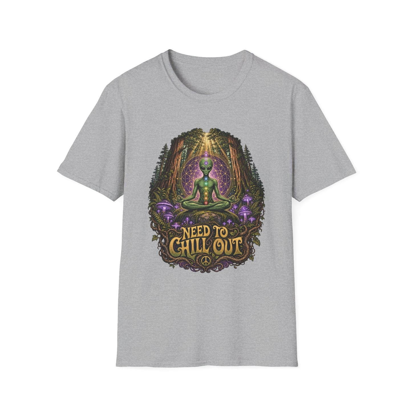 Alien Meditation T‑Shirt — "Need to Chill Out" Psychedelic Forest Graphic