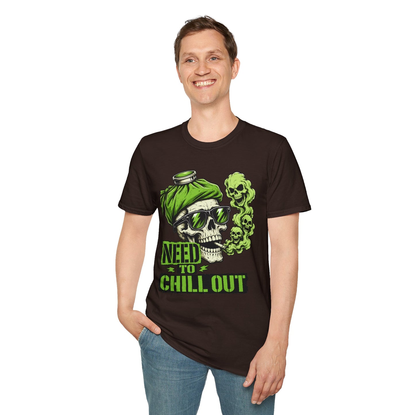 Rock Skull 'Need to Chill Out' Graphic T-Shirt — Green Smoke Skull Tee