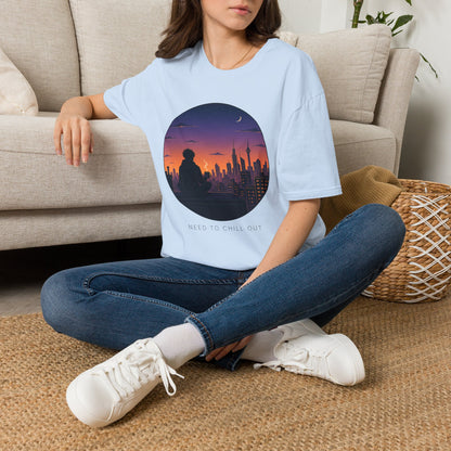 Sunset Cityscape T‑Shirt — Silhouette Skyline Moon Graphic "Need to Chill Out"