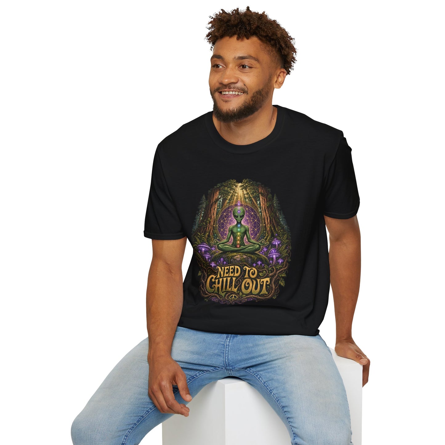 Alien Meditation T‑Shirt — "Need to Chill Out" Psychedelic Forest Graphic