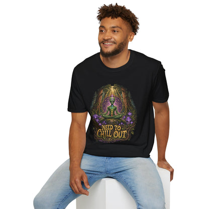 Alien Meditation T‑Shirt — "Need to Chill Out" Psychedelic Forest Graphic