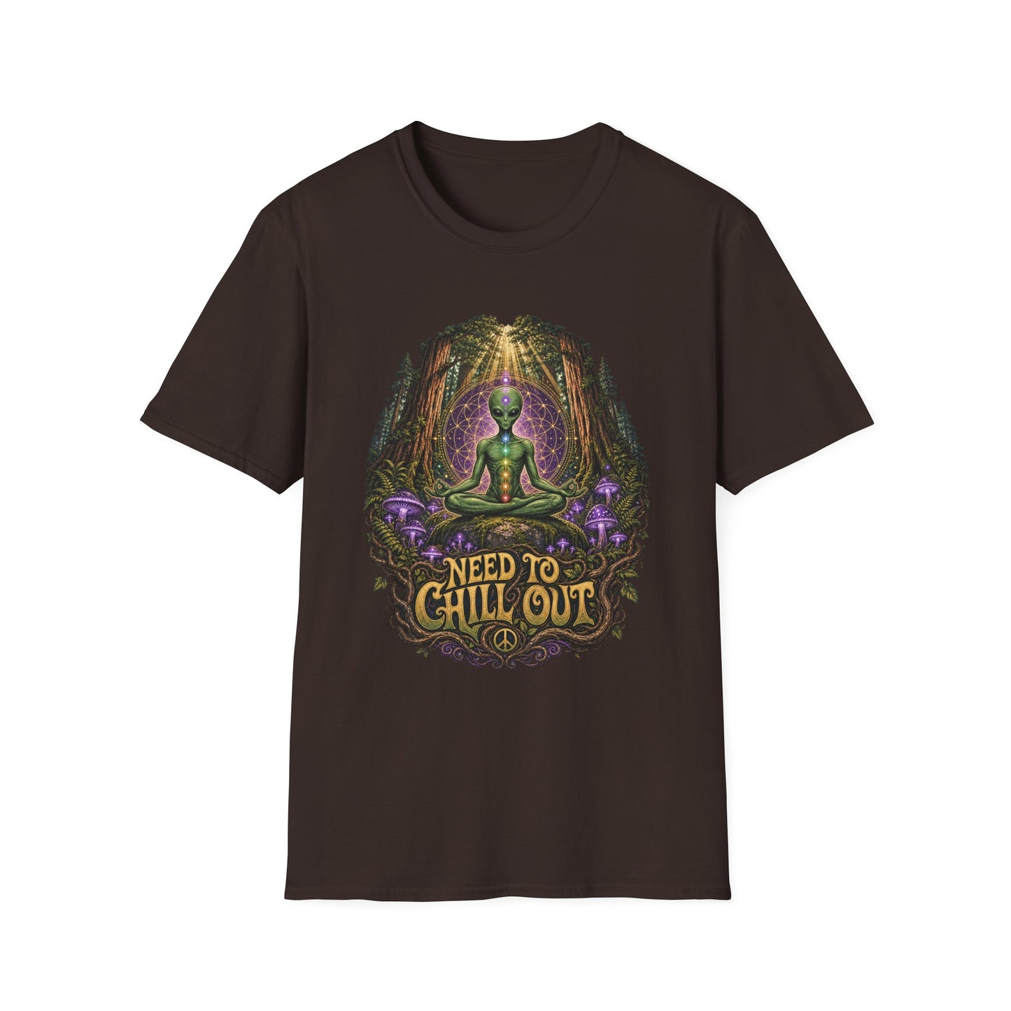 Alien Meditation T‑Shirt — "Need to Chill Out" Psychedelic Forest Graphic