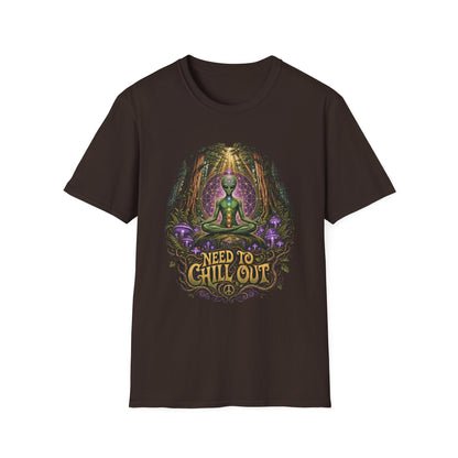 Alien Meditation T‑Shirt — "Need to Chill Out" Psychedelic Forest Graphic