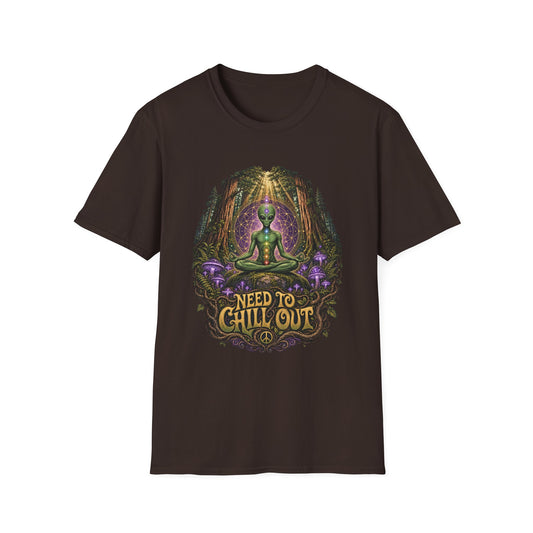Alien Meditation T‑Shirt — "Need to Chill Out" Psychedelic Forest Graphic