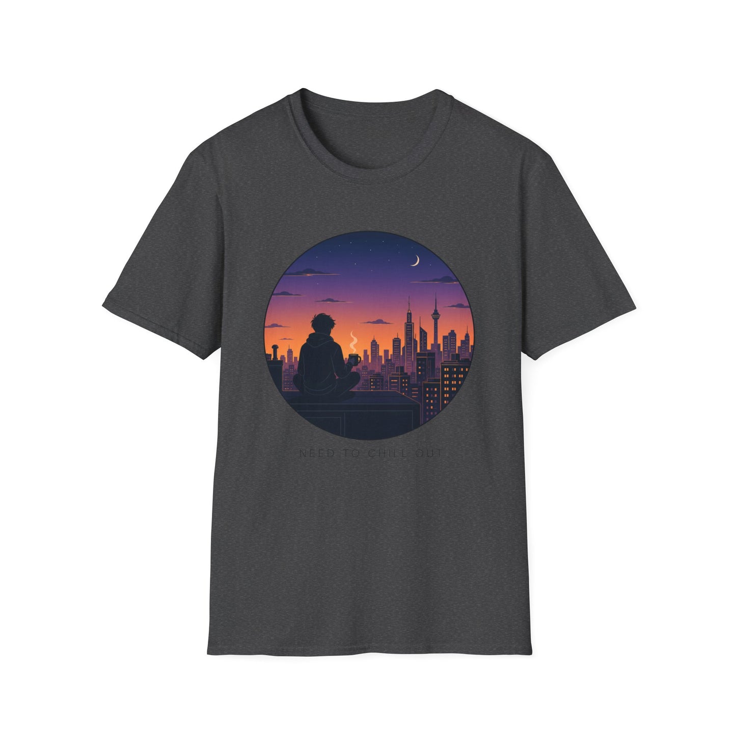 Sunset Cityscape T‑Shirt — Silhouette Skyline Moon Graphic "Need to Chill Out"