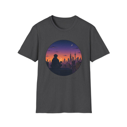 Sunset Cityscape T‑Shirt — Silhouette Skyline Moon Graphic "Need to Chill Out"