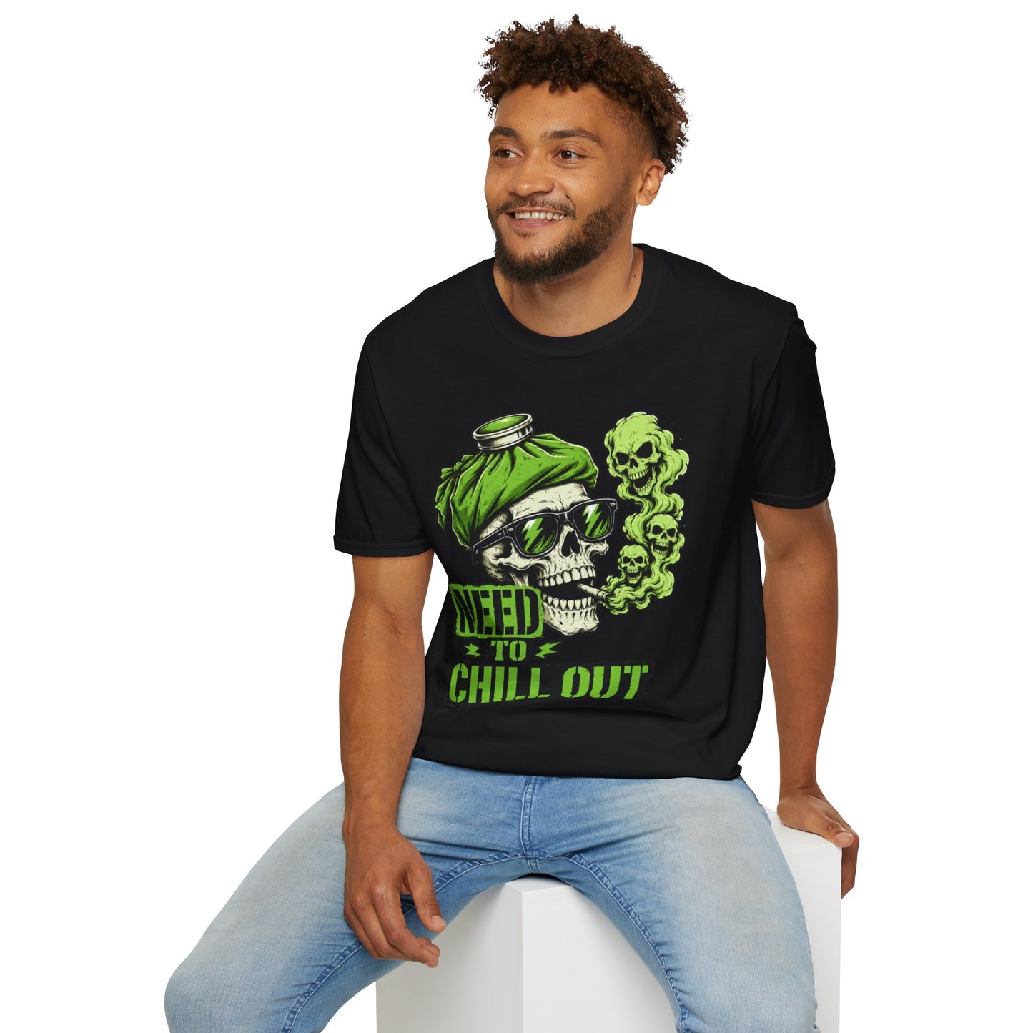 Rock Skull 'Need to Chill Out' Graphic T-Shirt — Green Smoke Skull Tee