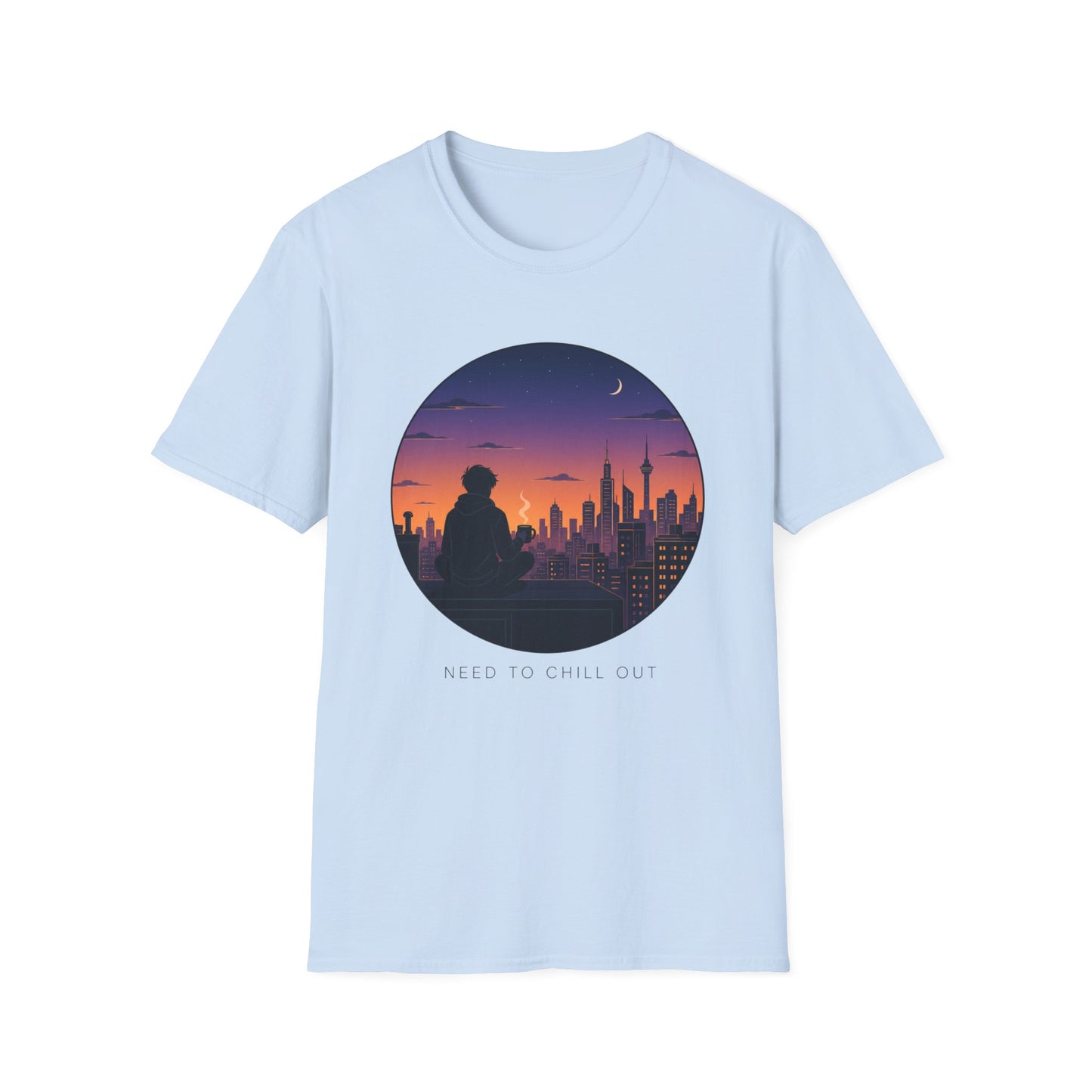 Sunset Cityscape T‑Shirt — Silhouette Skyline Moon Graphic "Need to Chill Out"