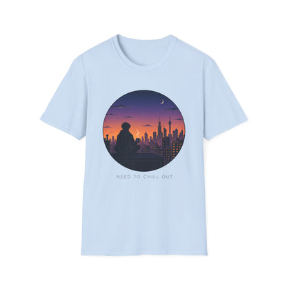 Sunset Cityscape T‑Shirt — Silhouette Skyline Moon Graphic "Need to Chill Out"
