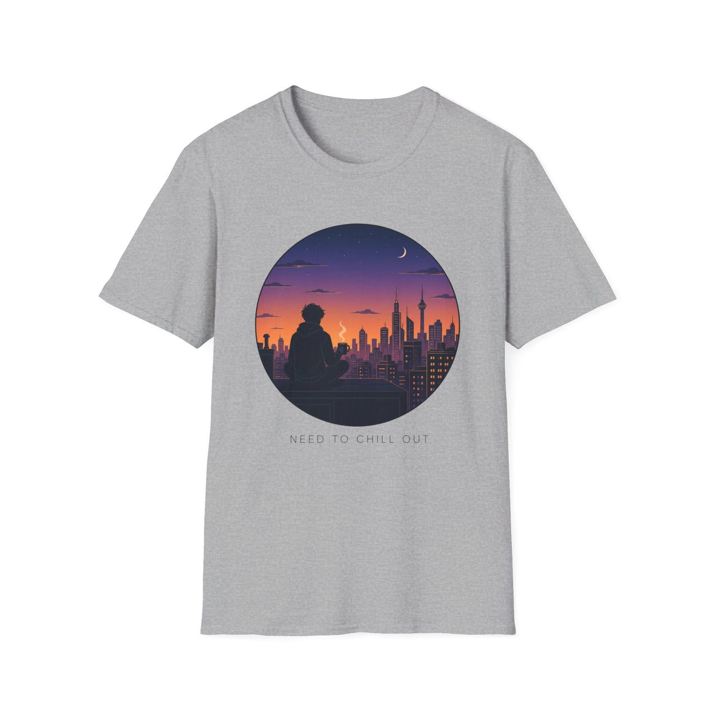 Sunset Cityscape T‑Shirt — Silhouette Skyline Moon Graphic "Need to Chill Out"