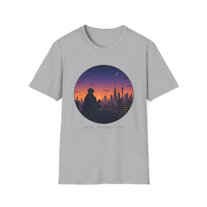 Sunset Cityscape T‑Shirt — Silhouette Skyline Moon Graphic "Need to Chill Out"