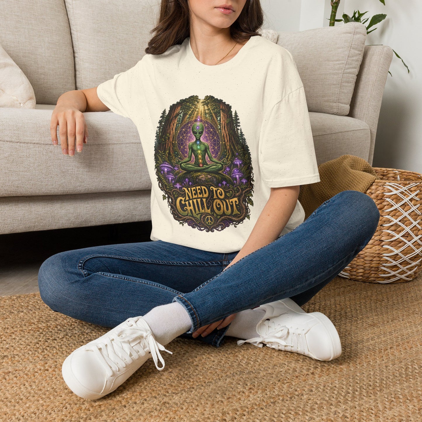 Alien Meditation T‑Shirt — "Need to Chill Out" Psychedelic Forest Graphic