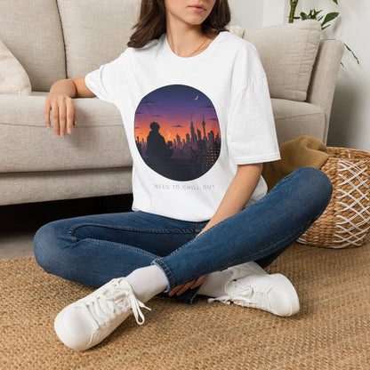 Sunset Cityscape T‑Shirt — Silhouette Skyline Moon Graphic "Need to Chill Out"