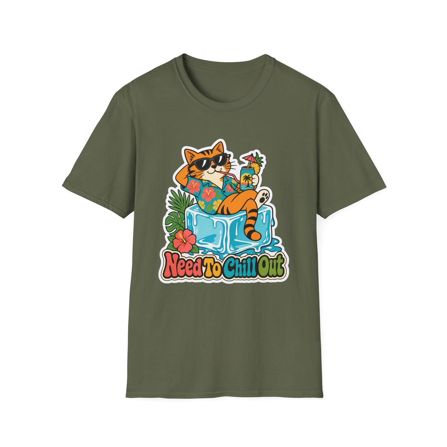 Cat Lounge T-Shirt — "Need To Chill Out" Retro Tropical Graphic Tee