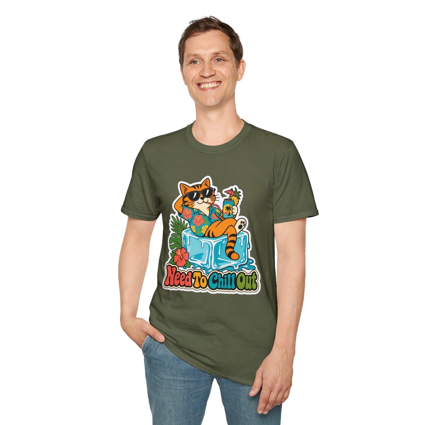 Cat Lounge T-Shirt — "Need To Chill Out" Retro Tropical Graphic Tee