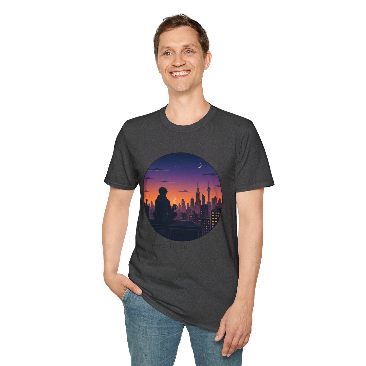 Sunset Cityscape T‑Shirt — Silhouette Skyline Moon Graphic "Need to Chill Out"