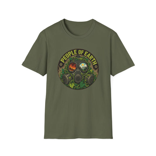 People of Earth Gas Mask Graphic Tee — Eco Horror Sci‑Fi T-Shirt