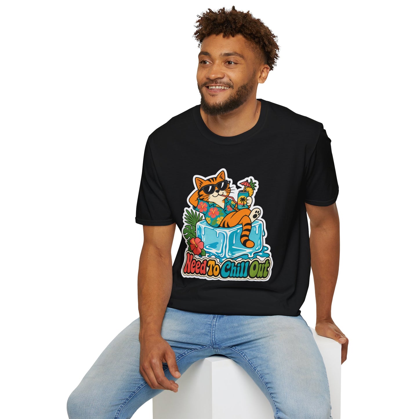 Cat Lounge T-Shirt — "Need To Chill Out" Retro Tropical Graphic Tee