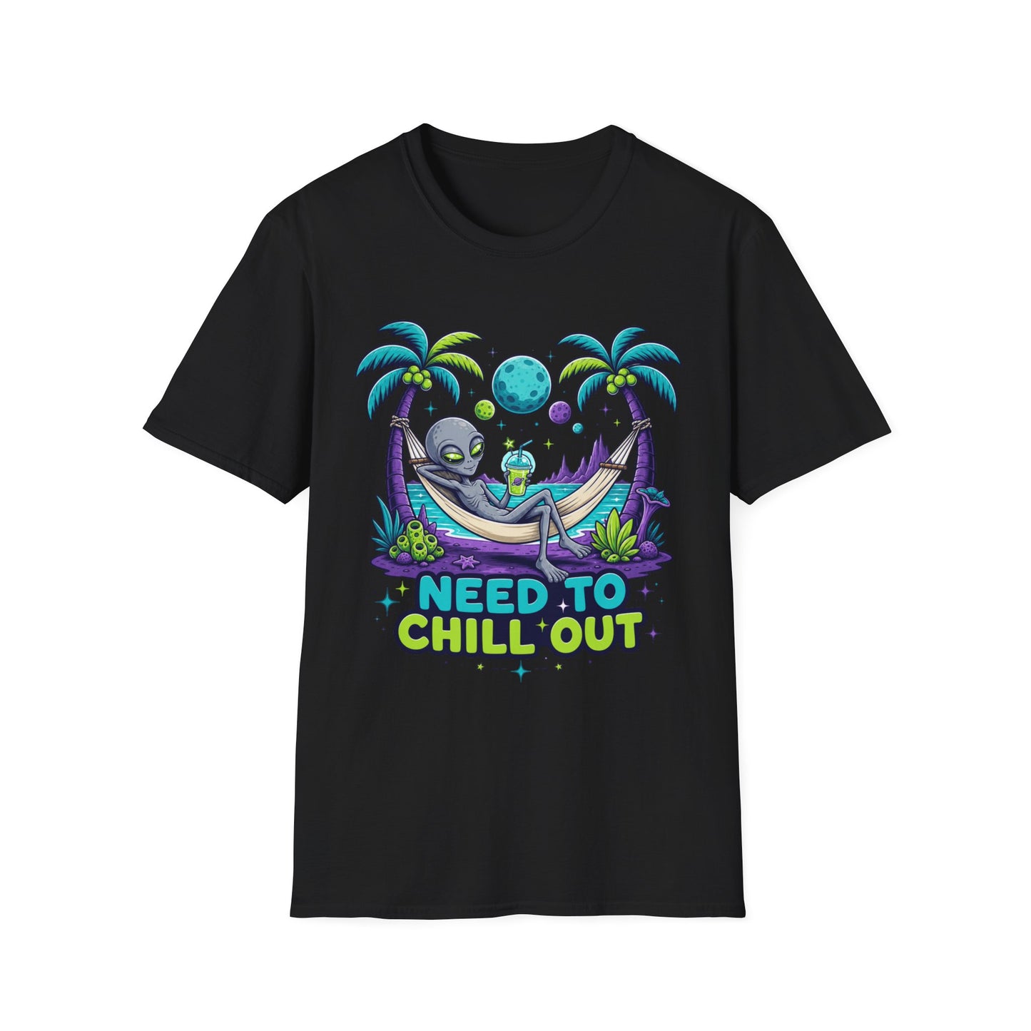Alien Hammock T-Shirt — "Need to Chill Out" Relaxed Space Vibes