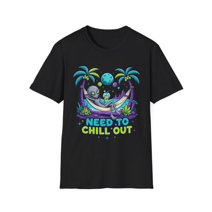 Alien Hammock T-Shirt — "Need to Chill Out" Relaxed Space Vibes