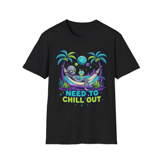 Alien Hammock T-Shirt — "Need to Chill Out" Relaxed Space Vibes