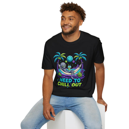 Alien Hammock T-Shirt — "Need to Chill Out" Relaxed Space Vibes