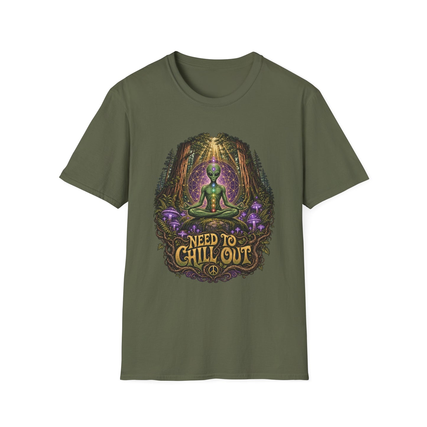 Alien Meditation T‑Shirt — "Need to Chill Out" Psychedelic Forest Graphic
