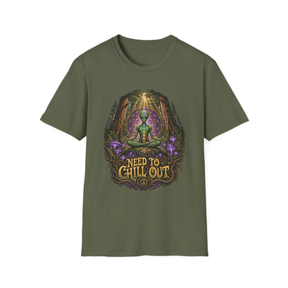 Alien Meditation T‑Shirt — "Need to Chill Out" Psychedelic Forest Graphic