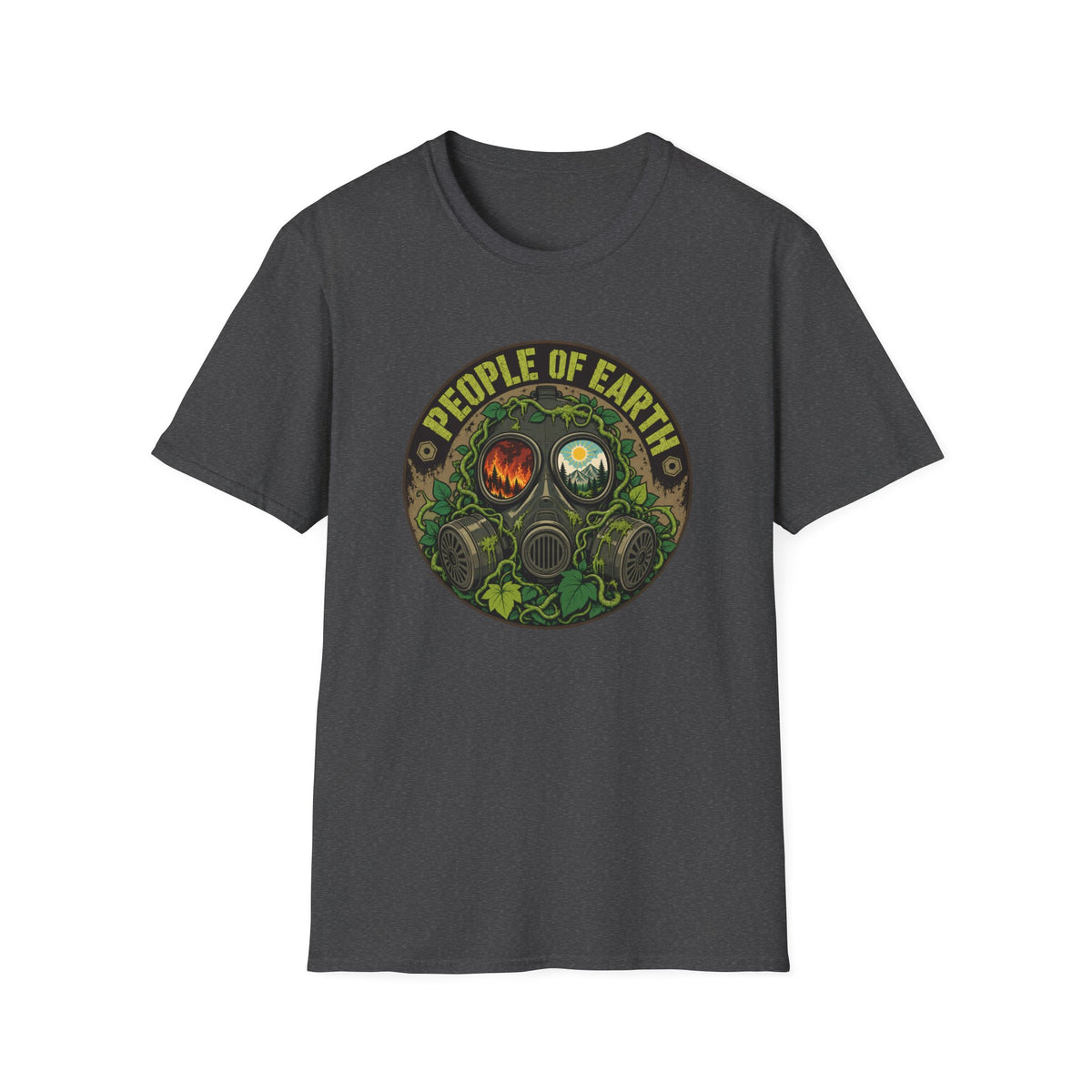 People of Earth Gas Mask Graphic Tee — Eco Horror Sci‑Fi T-Shirt