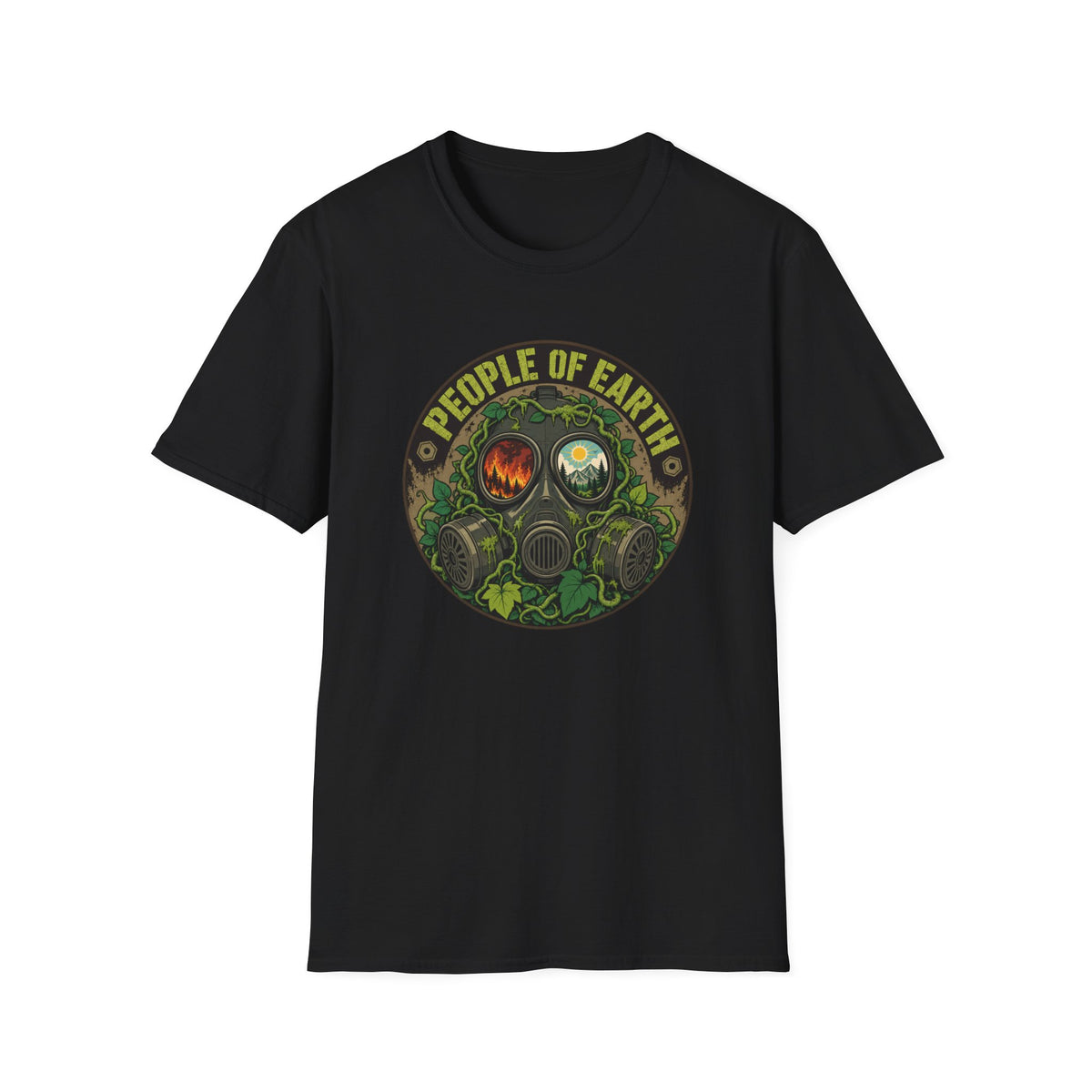 People of Earth Gas Mask Graphic Tee — Eco Horror Sci‑Fi T-Shirt