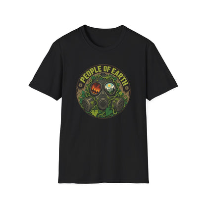 People of Earth Gas Mask Graphic Tee — Eco Horror Sci‑Fi T-Shirt