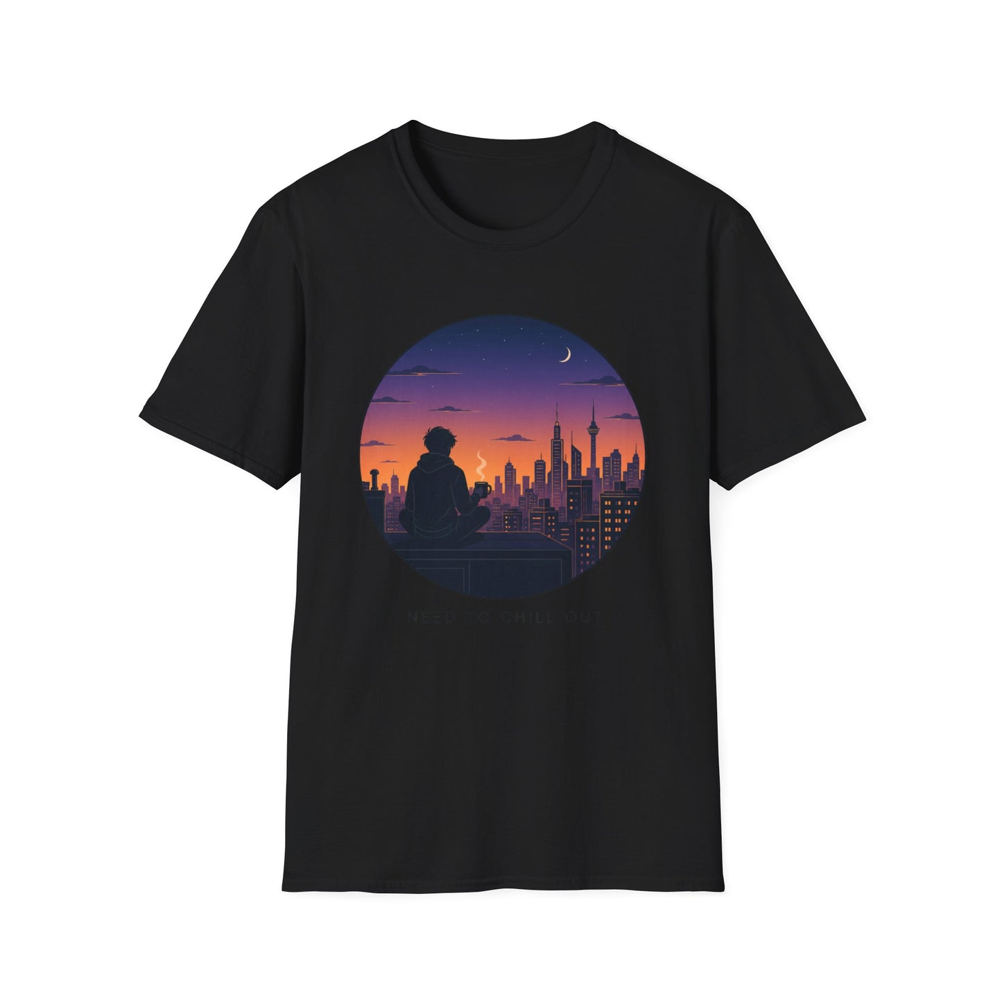 Sunset Cityscape T‑Shirt — Silhouette Skyline Moon Graphic "Need to Chill Out"
