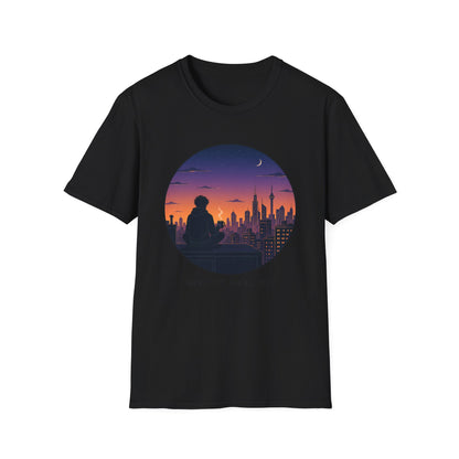 Sunset Cityscape T‑Shirt — Silhouette Skyline Moon Graphic "Need to Chill Out"