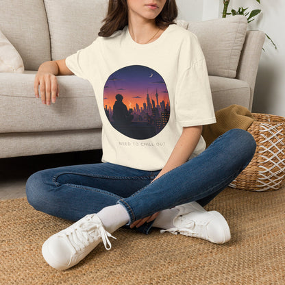 Sunset Cityscape T‑Shirt — Silhouette Skyline Moon Graphic "Need to Chill Out"