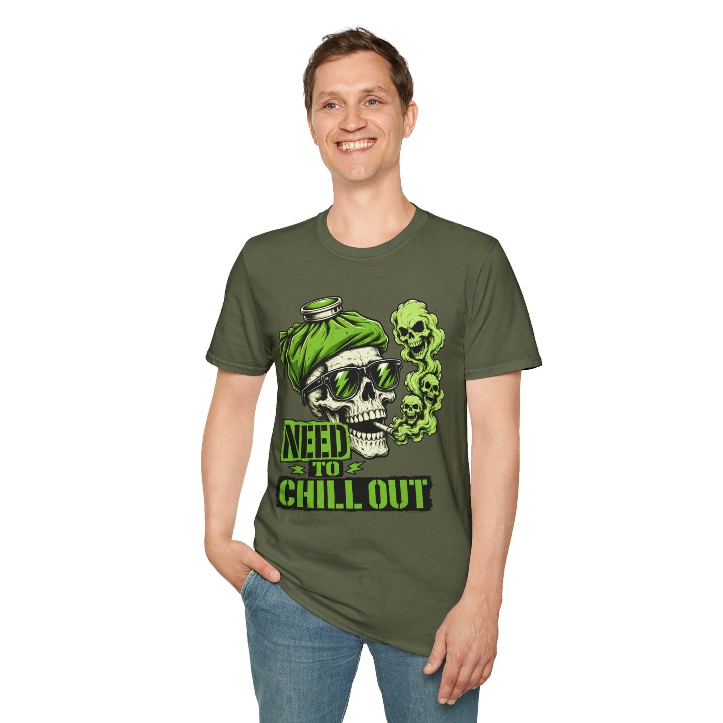 Rock Skull 'Need to Chill Out' Graphic T-Shirt — Green Smoke Skull Tee