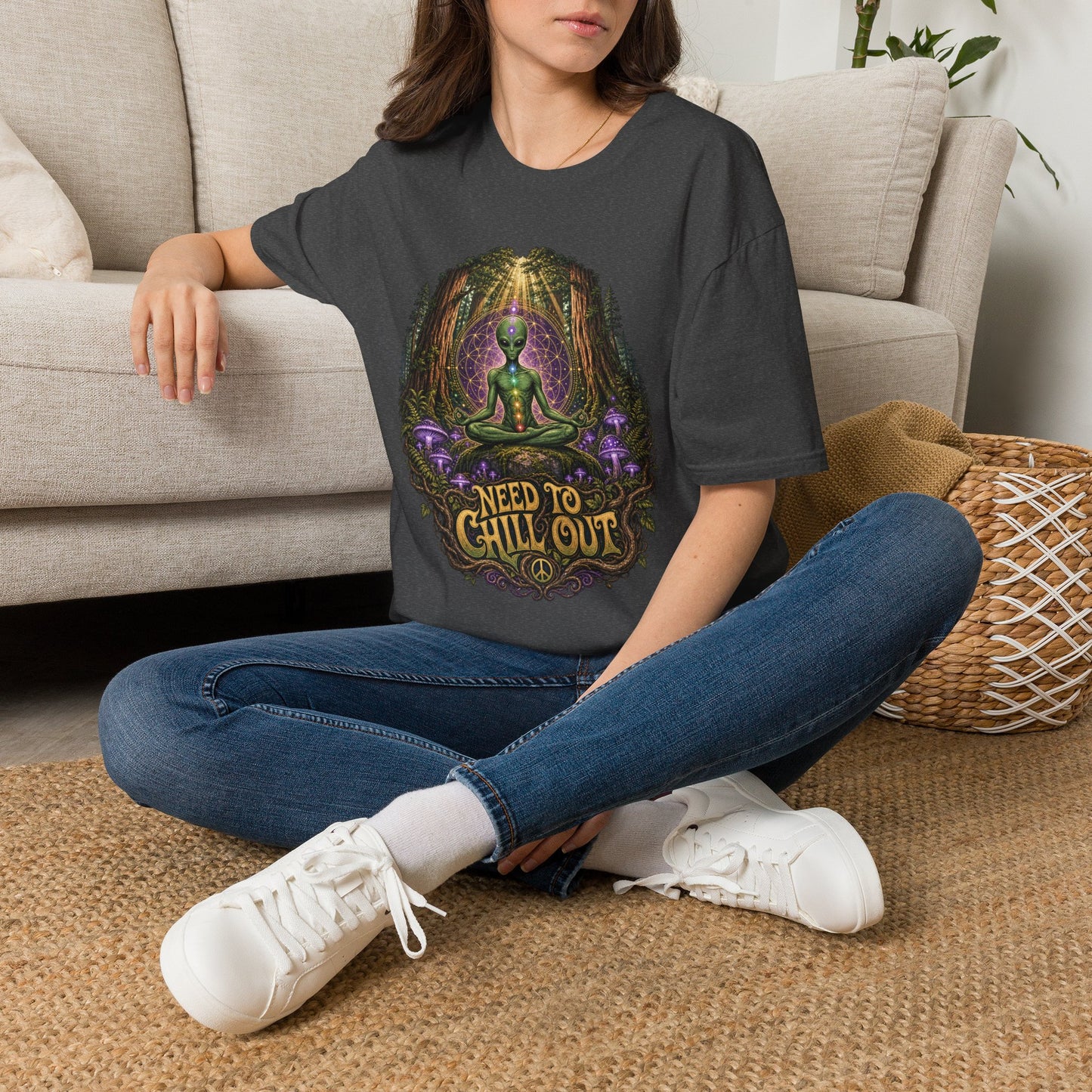 Alien Meditation T‑Shirt — "Need to Chill Out" Psychedelic Forest Graphic