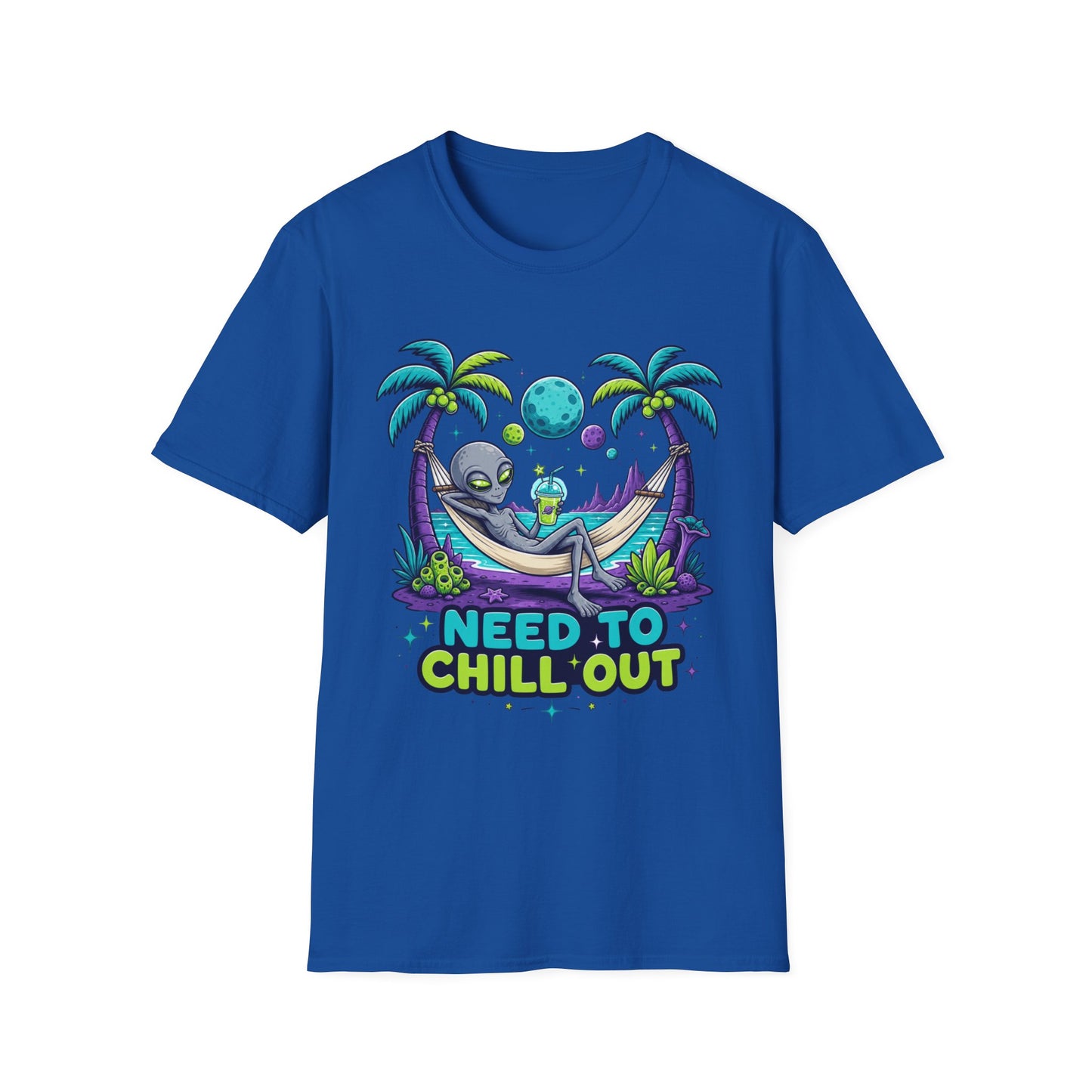 Alien Hammock T-Shirt — "Need to Chill Out" Relaxed Space Vibes