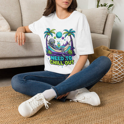 Alien Hammock T-Shirt — "Need to Chill Out" Relaxed Space Vibes
